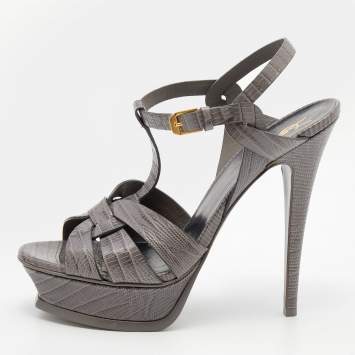 Pre Owned Yves Saint Laurent Grey LIzard Embossed Leather Tribute Platform Sandals Size 39