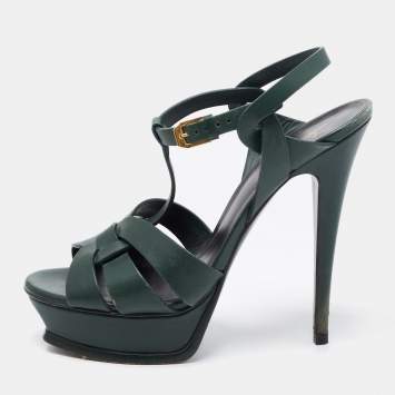 Pre Owned Yves Saint Laurent Green Leather Tribute Platform  Sandals Size 39 