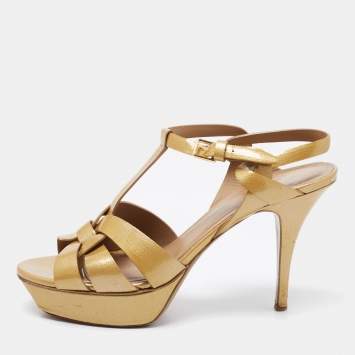 Pre Owned Yves Saint Laurent Metallic Yellow Patent Leather Tribute Platform Sandals Size 40