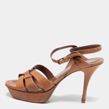 Pre Owned Yves Saint Laurent Caramel Brown Leather Tribute Platform Sandals Size 39
