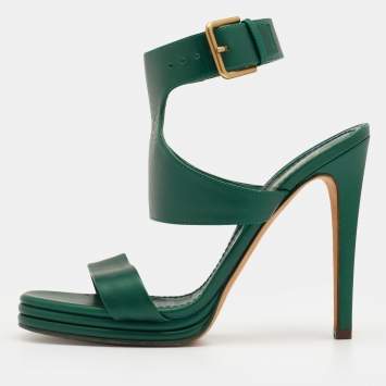 Pre Owned Yves Saint Laurent Green Leather Ankle Strap Platform Sandals Size 38