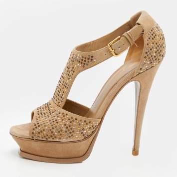 مملوكة مسبقًا Yves Saint Laurent Beige Studded Suede T-Strap Platform Sandals Size 38