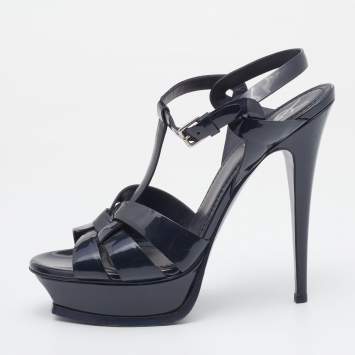 Pre Owned Yves Saint Laurent Navy Blue Patent Leather Tribute Ankle Trap Platform Sandals Size 40