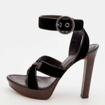 مملوكة مسبقًا Yves Saint Laurent Dark Brown Velvet And Leather Strappy Platform Sandals Size 39.5