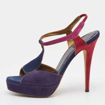 Pre Owned Yves Saint Laurent Multicolor Suede Slingback Platform Sandals Size 39.5