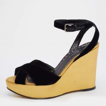 مملوكة مسبقًا Yves Saint Laurent Black Velvet Criss Cross Ankle Strap Wedge Platform Sandals Size 39