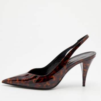 Pre Owned Saint Laurent Brown Leopard Patent Leather Slingback Sandals Size 38