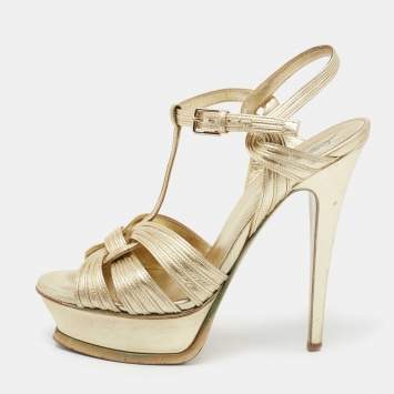 Pre Owned Yves Saint Laurent Gold Leather Tribute Platform Sandals Size 37