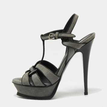Pre Owned Yves Saint Laurent Grey/Black Suede And Leather Tribute Platform Ankle Strap Sandals Size 37
