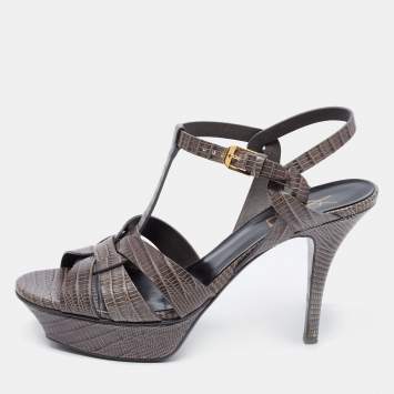 Pre Owned Yves Saint Laurent Grey Lizard Embossed Leather Tribute  Sandals Size 38.5