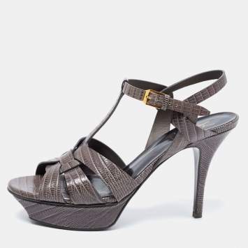 Pre Owned Saint Laurent Grey Lizard Embossed Leather Tribute Platform Ankle Strap Sandals Size 39.5
