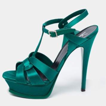 Pre Owned Saint Laurent Green Satin Tribute Platform Sandals Size 38