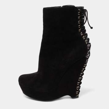 Pre Owned Yves Saint Laurent Black Suede Lace Up Madge Ankle Length Wedge Boots Size 41.5