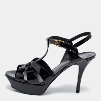 Pre Owned Yves Saint Laurent Black Patent Leather Tribute Platform Sandals Size 37