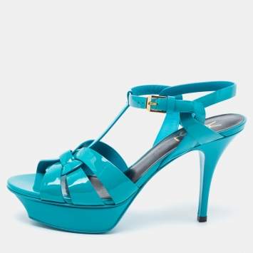 Pre Owned Yves Saint Laurent Blue Patent Leather Tribute Platform Sandals Size 38.5