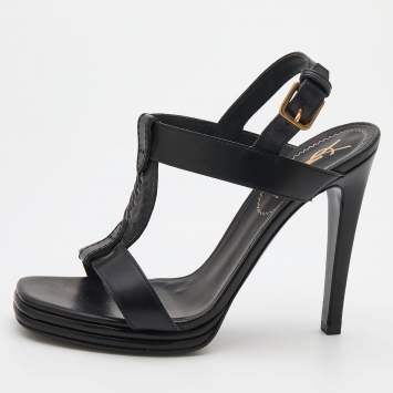 مملوكة مسبقًا Yves Saint Laurent Black Leather T-Strap Platform Sandals Size 38