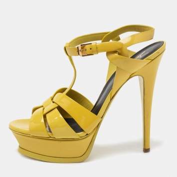 Pre Owned Yves Saint Laurent Yellow Patent Leather Tribute Platform Sandals Size 38