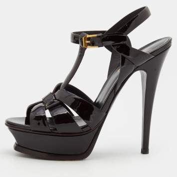 Pre Owned Saint Laurent Dark Brown Patent Leather Tribute Ankle Strap Platform Sandals Size 37