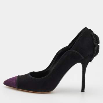 Pre Owned Yves Saint Laurent Black/Purple Suede and Fabric Pointed Toe Pumps Size 39