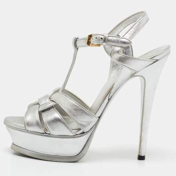 Pre Owned Yves Saint Laurent Silver Leather Tribute Platform Sandals Size 37