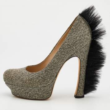 Pre Owned Yves Saint Laurent Black/Grey Canvas Mohawk Palais Platform Pumps Size 39
