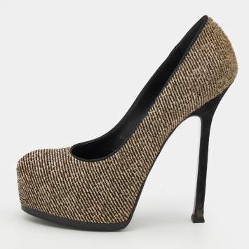 Pre Owned Yves Saint Laurent Black/White Pony Hair Tribtoo Platform Pumps Size 38
