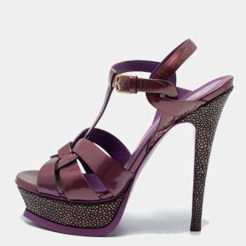 مملوكة مسبقًا Yves Saint Laurent Purple/Brown Patent Leather Tribute Platform Sandals Size 37