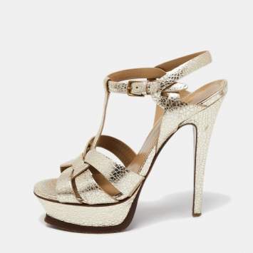Pre Owned Yves Saint Laurent Gold Textured Leather Tribute Platform Sandals Size 36.5