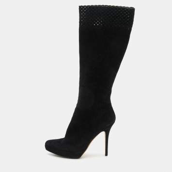 Pre Owned Yves Saint Laurent Black Suede Platform Knee Length Boots Size 40
