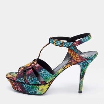 Pre Owned Yves Saint Laurent Multicolour Python Embossed Leather Tribute Platform Sandals Size 38