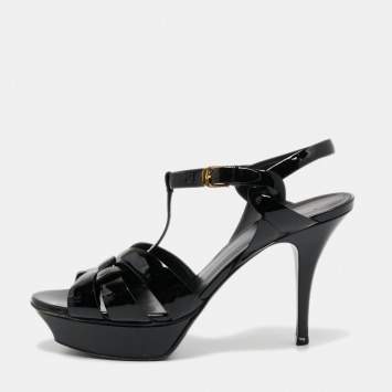 Pre Owned Yves Saint Laurent Black Patent Leather Tribute Platform Sandals Size 39