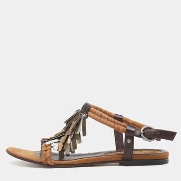 Pre Owned Yves Saint Laurent Brown Canvas and Leather Embellished Flat Sandals Size 39