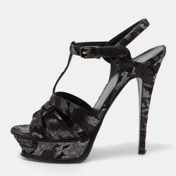 Pre Owned Yves Saint Laurent Black/Silver  Suede Tribute Ankle Strap  Sandals Size 38