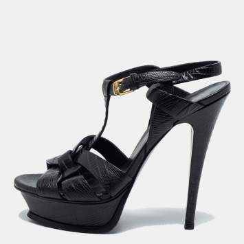 Pre Owned Yves Saint Laurent Black Lizard Embossed Leather Tribute  Ankle Strap Sandals Size 37.5