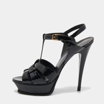 Pre Owned Yves Saint Laurent Black Patent Leather Tribute Platform Sandals Size 39
