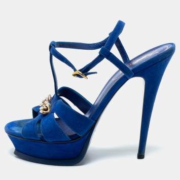 Pre Owned Yves Saint Laurent Navy Blue Suede Chain Detail Platform Sandals Size 39.5
