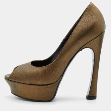 Pre Owned Yves Saint Laurent Brown Leather Palais Platform Peep Toe Pumps Size 36.5