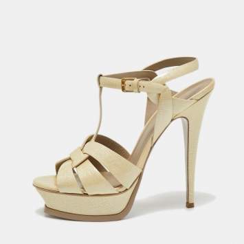 مملوكة مسبقًا Yves Saint Laurent Light Yellow Textured Patent Leather Tribute Sandals Size 39