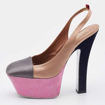 Pre Owned Yves Saint Laurent Brown/Grey Satin Obsession Platform Slingback Pumps Size 37