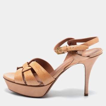 Pre Owned Yves Saint Laurent Beige Patent Leather Tribute Platform Sandals Size 38