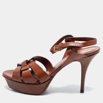Pre Owned Yves Saint Laurent Brown Leather Tribute Platform Sandals Size 38