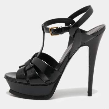 Pre Owned Yves Saint Laurent Black Patent Leather Tribute Sandals Size 36.5