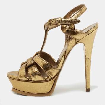 Pre Owned Yves Saint Laurent Gold Leather Tribute Platform Sandals Size 36