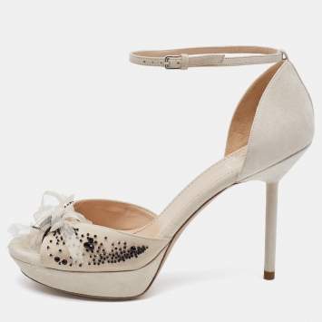 Pre Owned Yves Saint Laurent Off White Suede and Fabric Ankle Strap Platform Sandals Size 40