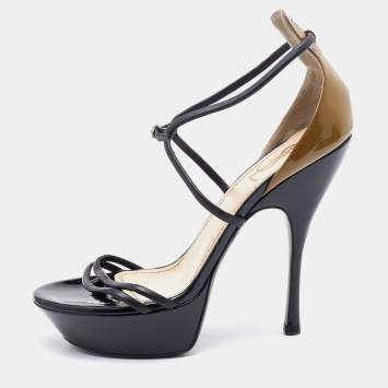 Pre Owned Yves Saint Laurent Black/Olive Green Patent and Leather Platform Ankle Strap Sandals Size 39
