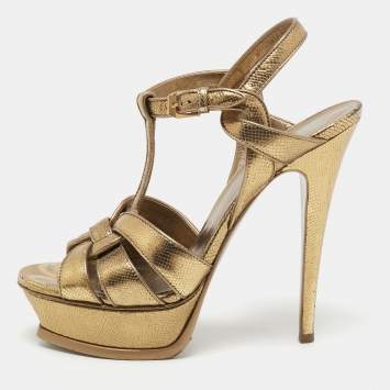 Pre Owned Yves Saint Laurent Gold Leather Tribute Sandals Size 37