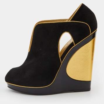 Pre Owned Yves Saint Laurent Black/Gold Cut-Out Suede Peep Toe Platform Wedge Pumps Size 36