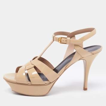 Pre Owned Yves Saint Laurent Beige Patent leather Tribute Sandals Size 39.5