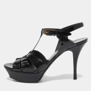 Pre Owned Yves Saint Laurent Black Patent Tribute Sandals Size 37