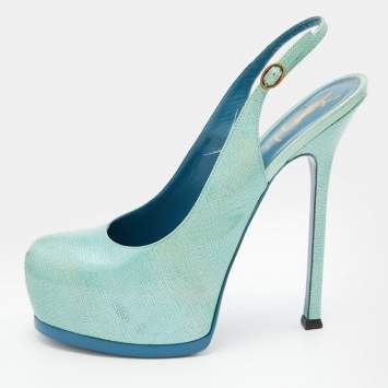 Pre Owned Yves Saint Laurent Green Patent Leather Tribtoo Platform Slingback Pumps Size 39